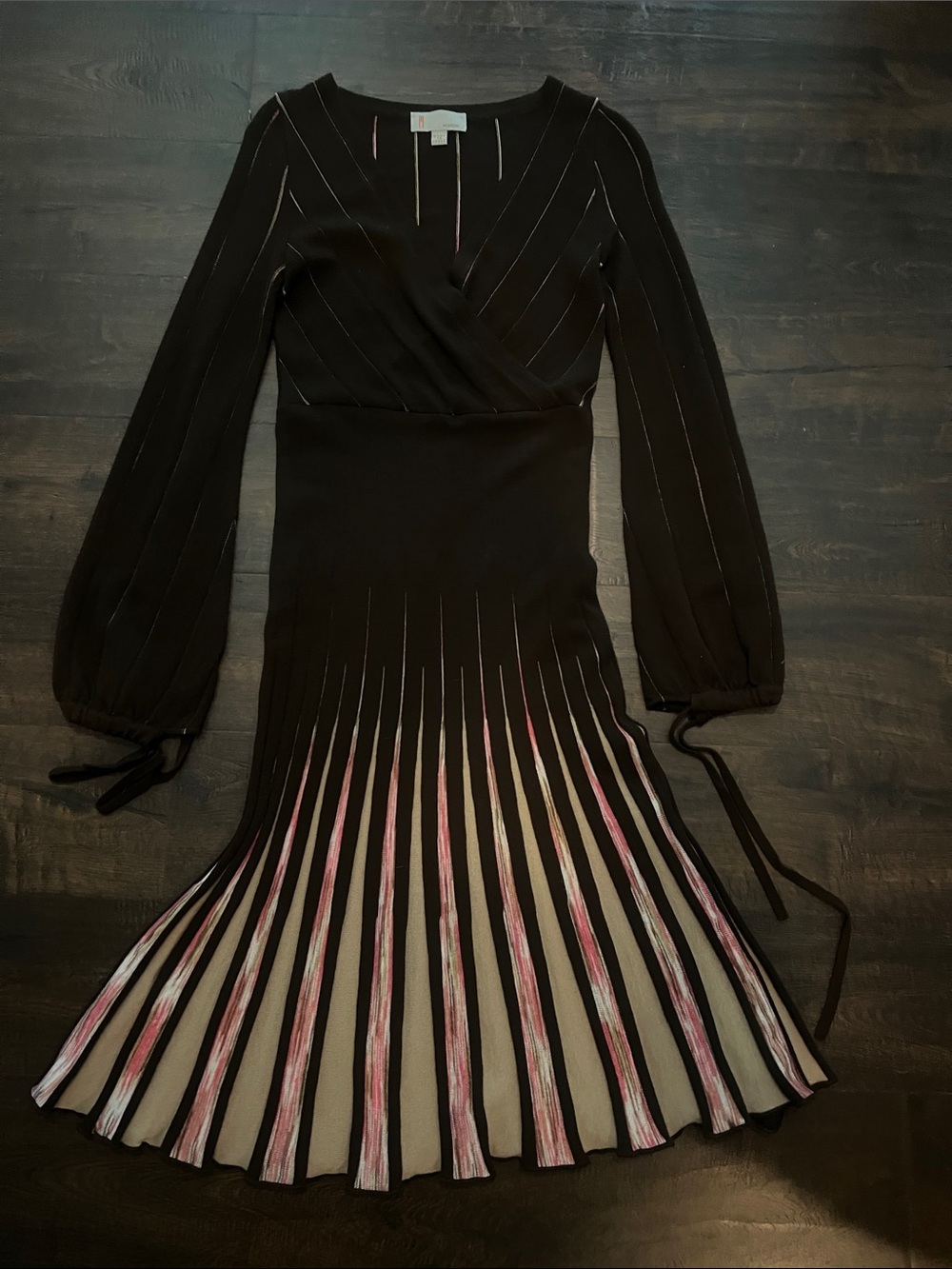 Missoni Brown Long-Sleeve Knit Dress with Pink & Cream Stripe Detail